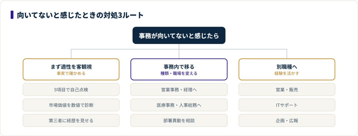 事務が向いてないと感じたときの対処を、まず客観視(自己点検・市場価値診断・第三者確認)・事務内で移る(営業事務や経理・医療事務や人事総務・部署異動)・別職種へ(営業や販売・ITサポート・企画や広報)の3ルートに分類したツリー図。